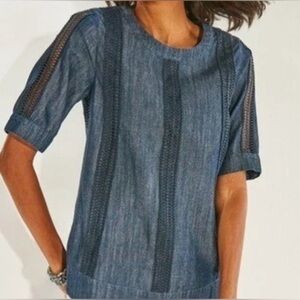 Soft Surroundings Lapiza Crochet Stripe Chambray Top Dark Wash Blue Denim